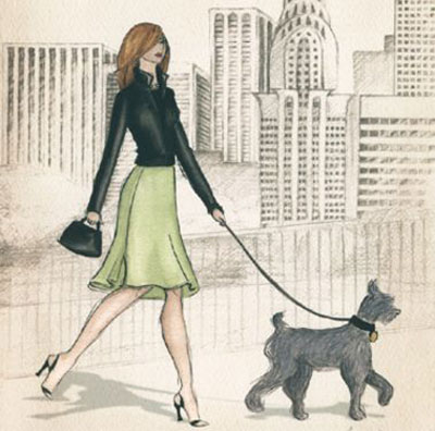 Иллюстрация: Высокая девушка гуляет с собачкой