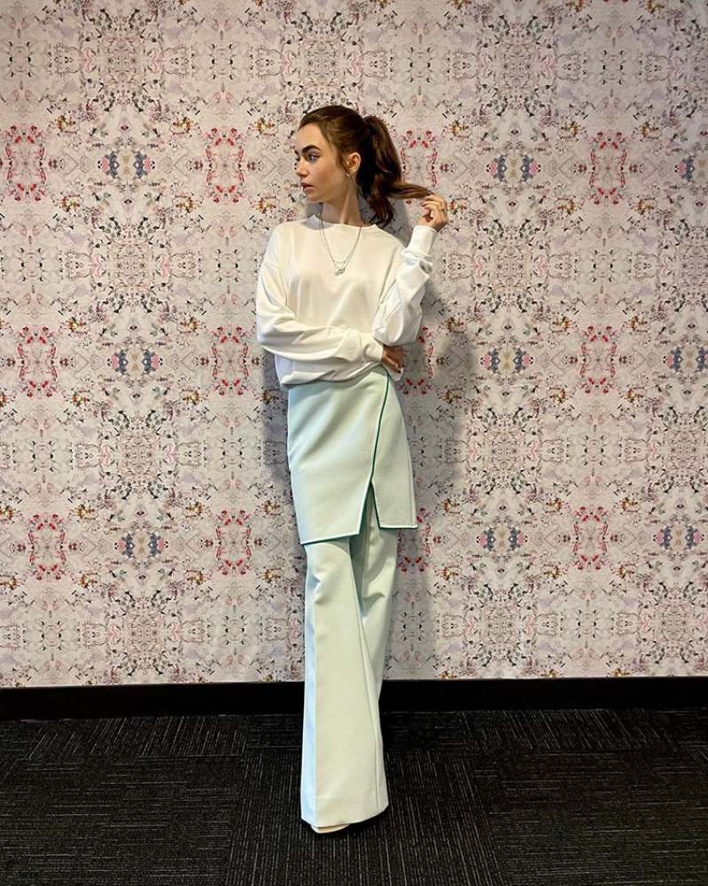 Лили Коллинз в брючной юбке новый тренд моды
